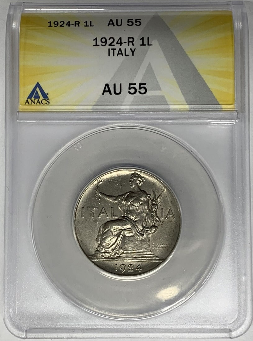Italy 1 Lira 1924-R ANACS AU 55 Certified Coin: Italy 1 Lira 1924-R ANACS AU 55 Certified Coin This 1924-R Italy 1 Lira coin has been graded AU 55 by ANACS, indicating it is in almost uncirculated condition. It is a pre-owned collectible from Italy
