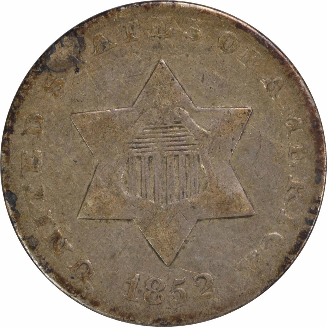 1852 Three Cent Silver Coin F Uncertified USA Philadelphia: 1852 Three Cent Silver Coin F Uncertified USA Philadelphia This 1852 Three Cent Silver coin is a notable piece of American currency, featuring a fine grade. Struck at the Philadelphia mint, this coin 