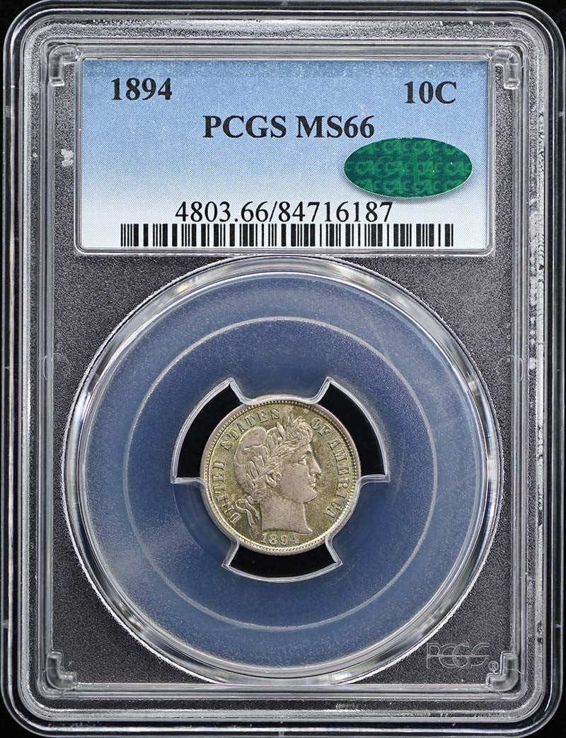 1894 Barber Dime PCGS MS66 CAC Uncirculated Coin: 1894 Barber Dime PCGS MS66 CAC Uncirculated Coin This 1894 Barber Dime is a remarkable coin certified by PCGS with a grade of MS66, indicating its uncirculated condition. Minted in Philadelphia, this 