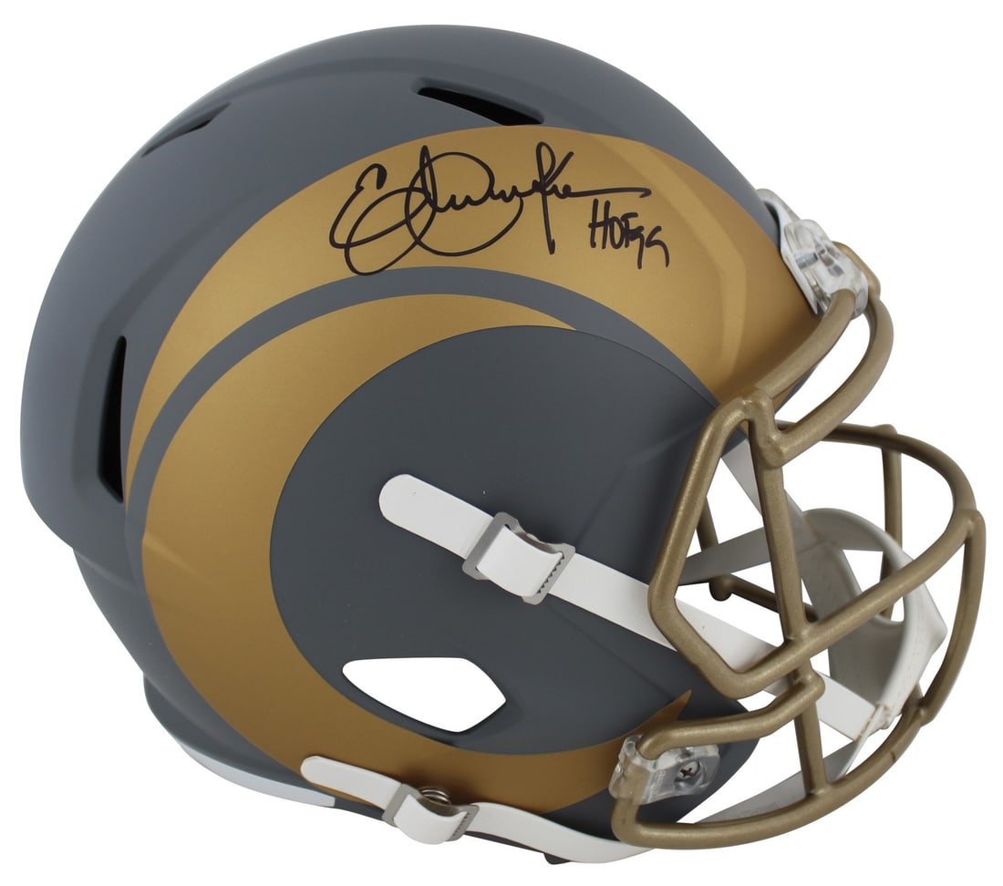 Eric Dickerson Autographed Rams Slate Speed Full Size Helmet BAS Witnessed: Eric Dickerson Autographed Rams Slate Speed Full Size Helmet BAS Witnessed This Los Angeles Rams alternate slate Riddell full size Speed Replica helmet is personally signed by Eric Dickerson with the 