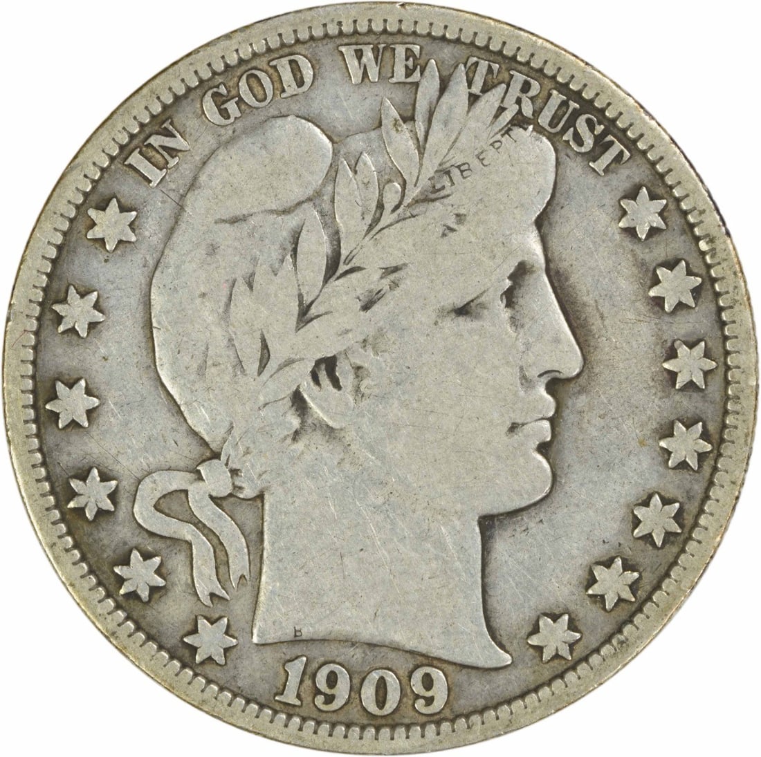 1909 Barber Half Dollar Philadelphia Fine Grade Uncertified Silver Coin: 1909 Barber Half Dollar Philadelphia Fine Grade Uncertified Silver Coin This is a 1909 Barber Half Dollar coin from the United States, designed by Charles E. Barber. The coin is circulated, made from 