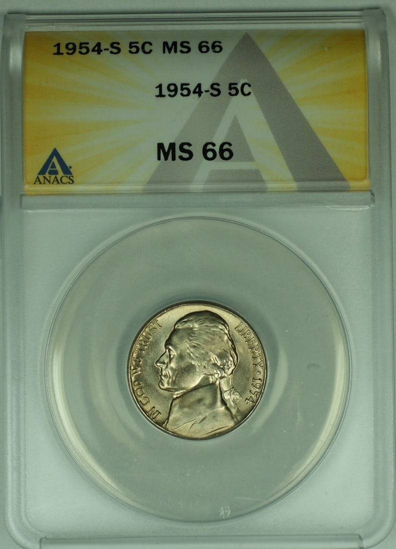 ANACS MS 66 1954-S Five Cent Jefferson Nickel Uncirculated: ANACS MS 66 1954-S Five Cent Jefferson Nickel Uncirculated This is a 1954-S Jefferson Nickel with a denomination of 5 cents from the United States. The coin is uncirculated and has been graded MS 66 b