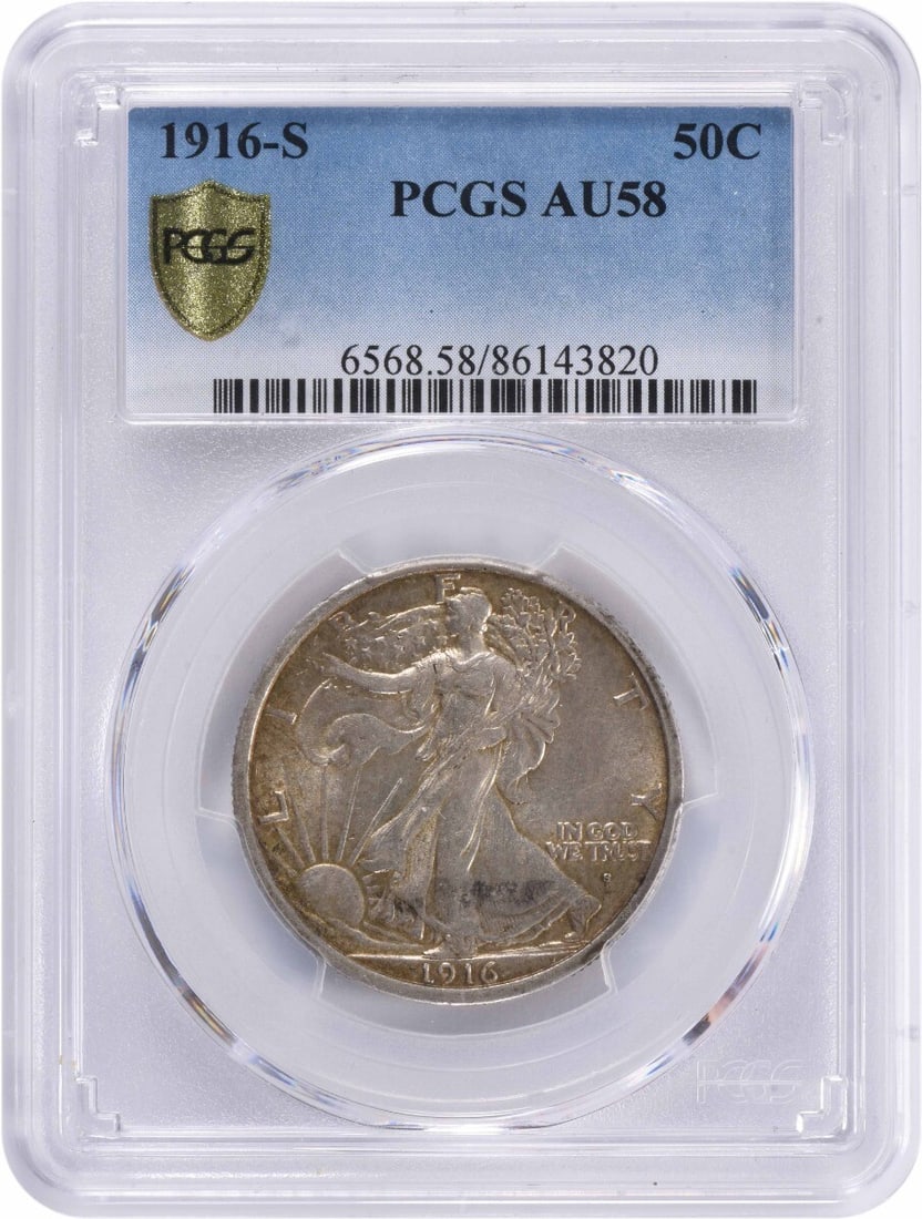 1916-S Walking Liberty Half Dollar AU58 PCGS Silver Coin: 1916-S Walking Liberty Half Dollar AU58 PCGS Silver Coin This 1916-S Walking Liberty Half Dollar is a stunning example of American coinage, certified by PCGS with an AU58 grade. Featuring the iconic L