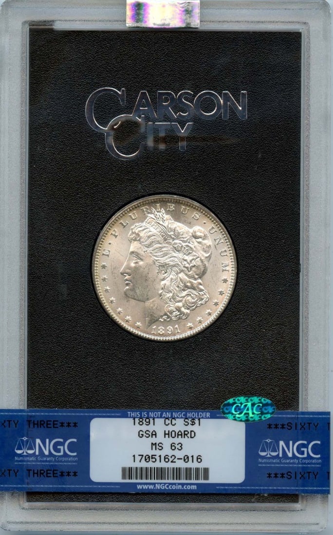 NGC MS63 CAC 1891 Carson City Morgan Dollar from GSA Hoard: NGC MS63 CAC 1891 Carson City Morgan Dollar from GSA Hoard This 1891-CC Morgan Dollar is part of the GSA Hoard and has been certified by NGC with a grade of MS63. The coin features the Carson City min