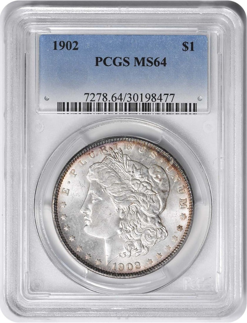 1902 Morgan Silver Dollar MS64 PCGS Uncirculated 90% Silver: 1902 Morgan Silver Dollar MS64 PCGS Uncirculated 90% Silver This 1902 Morgan Silver Dollar is graded MS64 by PCGS, indicating its uncirculated condition. Crafted from 90% silver and 10% copper, this c