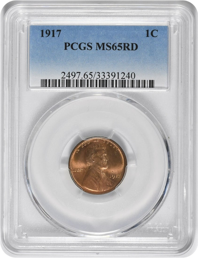 PCGS MS65RD Lincoln Wheat Cent 1917 Philadelphia Mint: PCGS MS65RD Lincoln Wheat Cent 1917 Philadelphia Mint This is a 1917 Lincoln Wheat Cent graded MS65 Red by PCGS. Struck at the Philadelphia Mint, the coin is uncirculated and composed of 95% copper wi