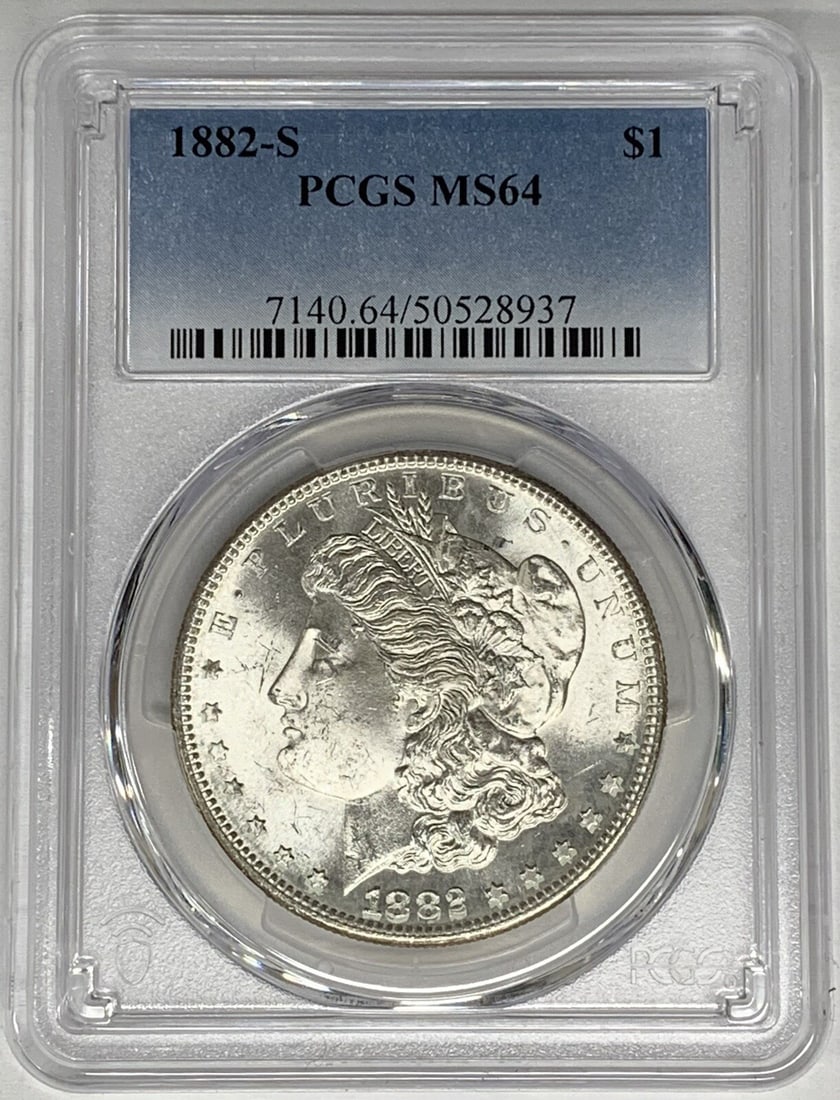 PCGS MS 64 Graded 1882-S Morgan Dollar Silver Coin: PCGS MS 64 Graded 1882-S Morgan Dollar Silver Coin This is an 1882-S Morgan Silver Dollar graded MS 64 by PCGS. The coin is uncirculated and composed of silver, originating from the United States. It 