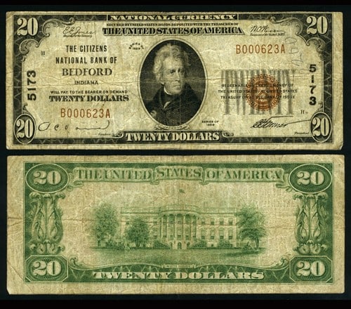 1929 T-1 $20 National Bank Note Bedford IN Citizens NB Fine: 1929 T-1 $20 National Bank Note Bedford IN Citizens NB Fine This $20 National Bank Note from 1929, issued by Citizens National Bank of Bedford, Indiana, is a fine example of American currency. It feat