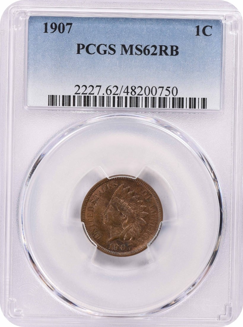 1907 Indian Head Cent MS62RB Certified by PCGS Copper Coin: 1907 Indian Head Cent MS62RB Certified by PCGS Copper Coin This 1907 Indian Cent, graded MS62RB by PCGS, is a remarkable example of early 20th-century coinage. Featuring the iconic Indian Head design,