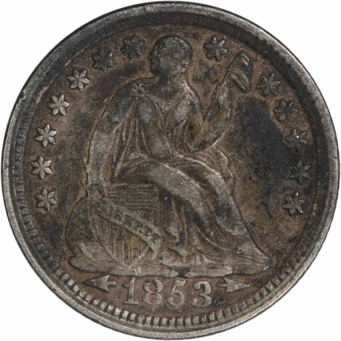 1853 Liberty Seated Half Dime 90% Silver EF Uncertified: 1853 Liberty Seated Half Dime 90% Silver EF Uncertified This 1853 Liberty Seated Silver Half Dime features the iconic seated Liberty design, crafted by renowned designer Christian Gobrecht. With a com
