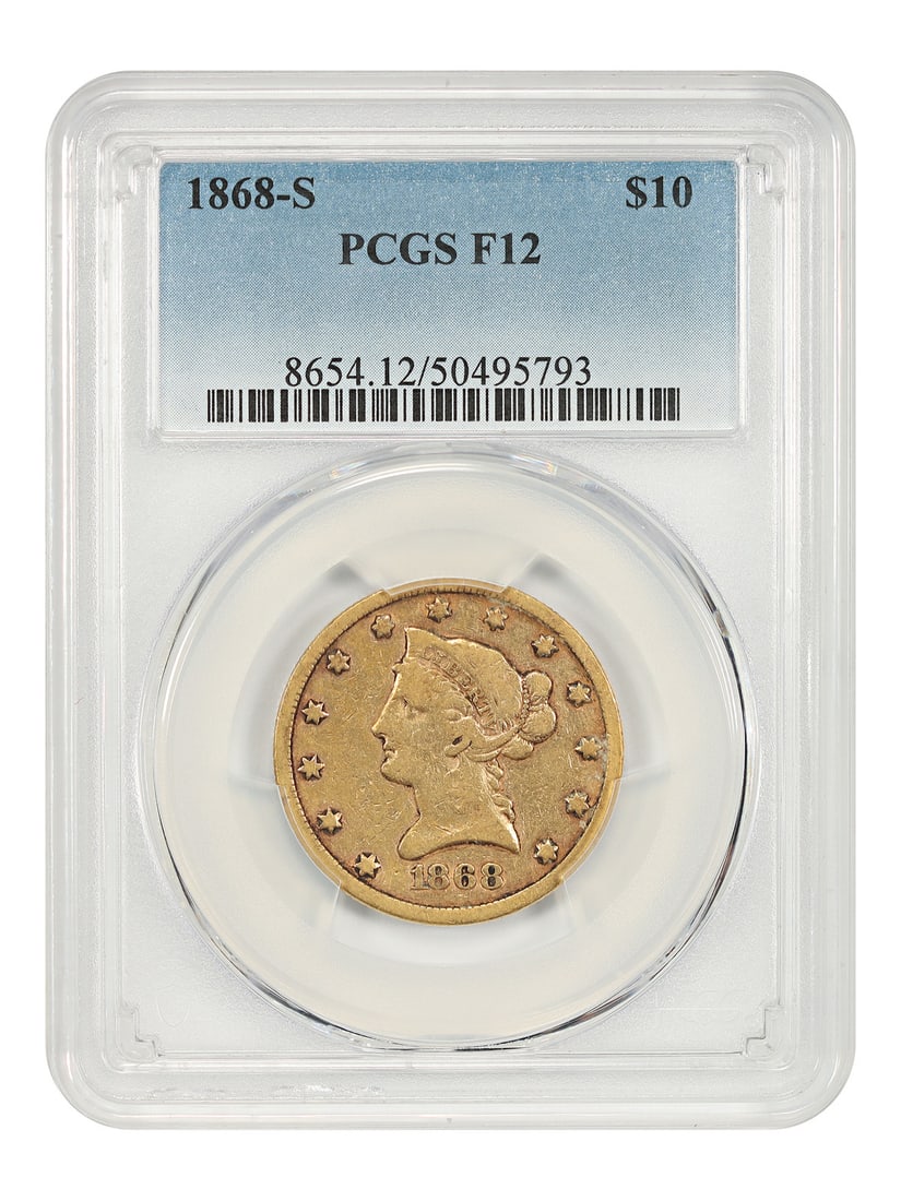 PCGS Fine 12 1868 San Francisco Liberty Head $10 Gold Coin: PCGS Fine 12 1868 San Francisco Liberty Head $10 Gold Coin This 1868-S Liberty Head $10 gold coin, struck at the San Francisco Mint, is graded PCGS Fine 12. It is a circulated example from a limited m