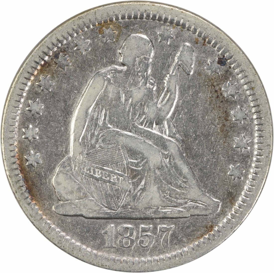 1857 Liberty Seated Silver Quarter 25C VF Uncertified Philadelphia Mint: 1857 Liberty Seated Silver Quarter 25C VF Uncertified Philadelphia Mint This 1857 Liberty Seated Silver Quarter is a remarkable piece of American coinage, showcasing the artistry of designers Robert B