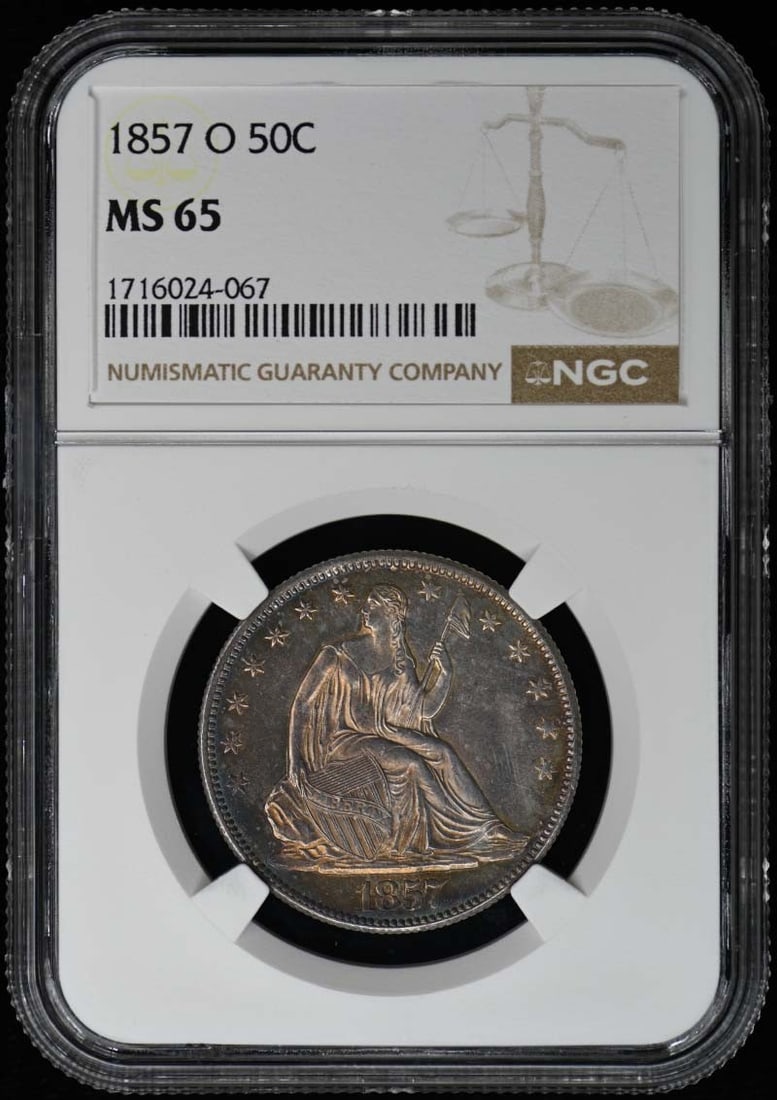 1857-O Seated Liberty Half Dollar NGC MS65 Uncirculated: 1857-O Seated Liberty Half Dollar NGC MS65 Uncirculated This 1857-O Seated Liberty Half Dollar is a stunning piece certified by NGC with a grade of MS65, indicating its uncirculated condition. Minted 