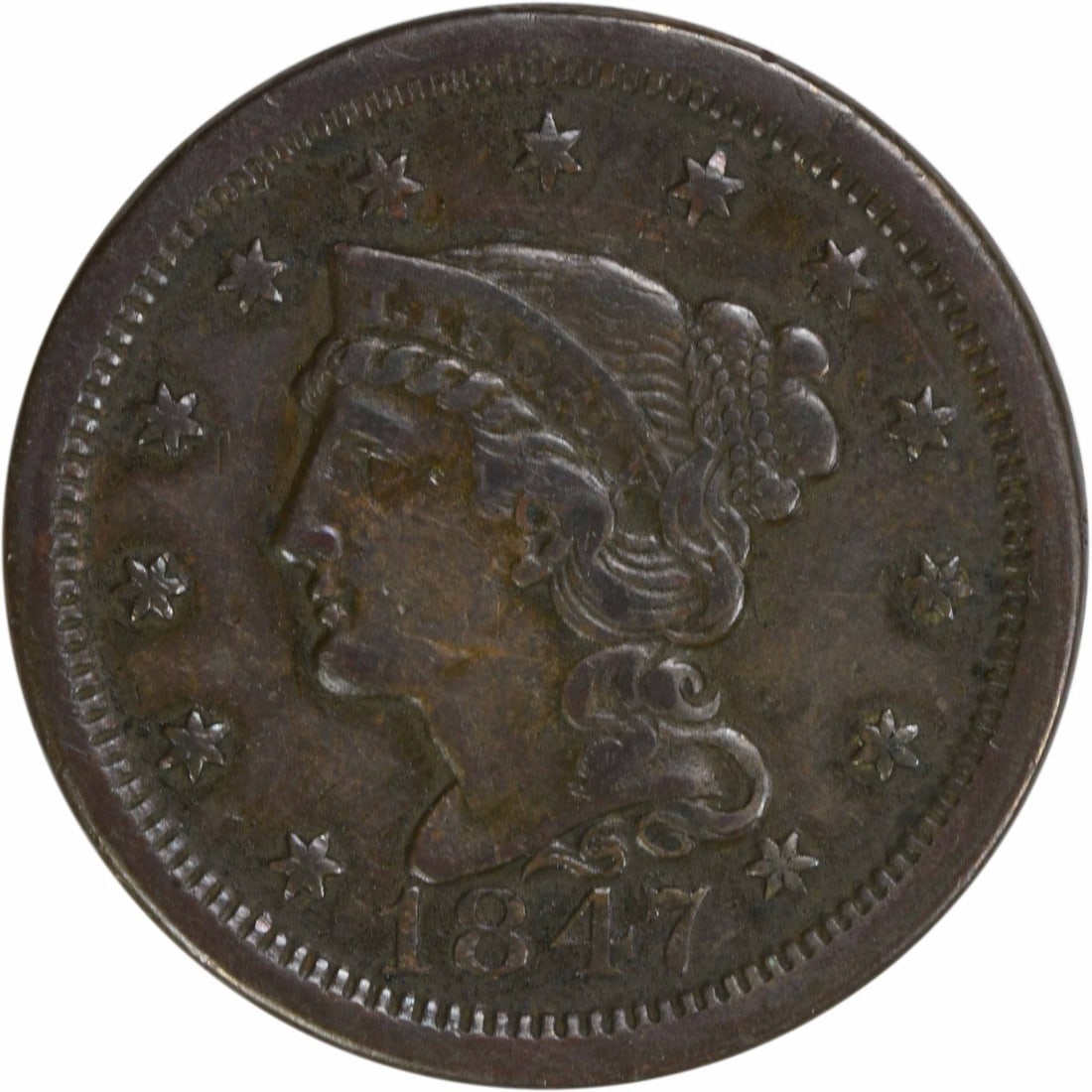 1847 Braided Hair Large Cent VF Copper Uncertified: 1847 Braided Hair Large Cent VF Copper Uncertified This 1847 Large Cent features a Braided Hair design, crafted from copper and minted in Philadelphia. It is classified as Very Fine (VF) condition and