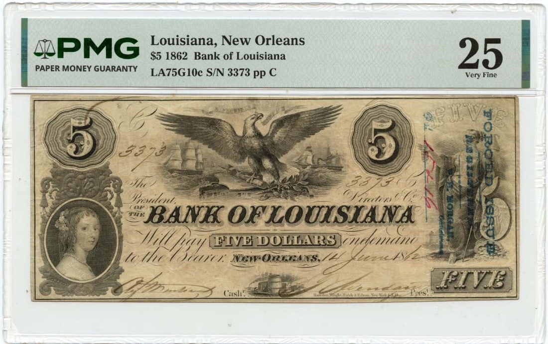 Bank of Louisiana 1862 Five Dollar Obsolete New Orleans PMG VF25: Bank of Louisiana 1862 Five Dollar Obsolete New Orleans PMG VF25 This is an 1862 $5 obsolete note issued by the Bank of Louisiana in New Orleans. Graded VF25 by PMG, this pre-owned note originates fro