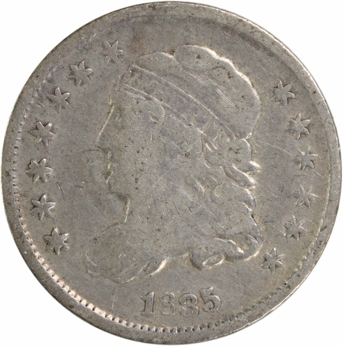 1835 Capped Bust Half Dime VG Uncertified Silver Coin: 1835 Capped Bust Half Dime VG Uncertified Silver Coin This 1835 Bust Silver Half Dime is a captivating piece of numismatic history. Struck in Philadelphia, this coin features the iconic Capped Bust de