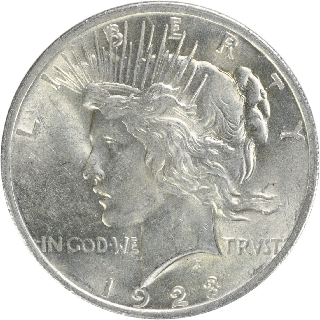 1923 Peace Silver Dollar AU Uncertified 90% Silver Coin: 1923 Peace Silver Dollar AU Uncertified 90% Silver Coin This 1923 Peace Silver Dollar is a remarkable piece of American numismatic history. Struck at the Philadelphia Mint, this coin features a beauti