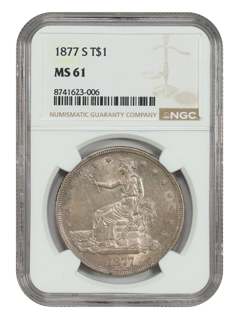 NGC MS61 1877 San Francisco Trade Dollar Uncirculated Type Coin: NGC MS61 1877 San Francisco Trade Dollar Uncirculated Type Coin This 1877-S Trade Dollar is certified by NGC with a grade of MS61, indicating it is uncirculated and exhibits the typical surface marks 