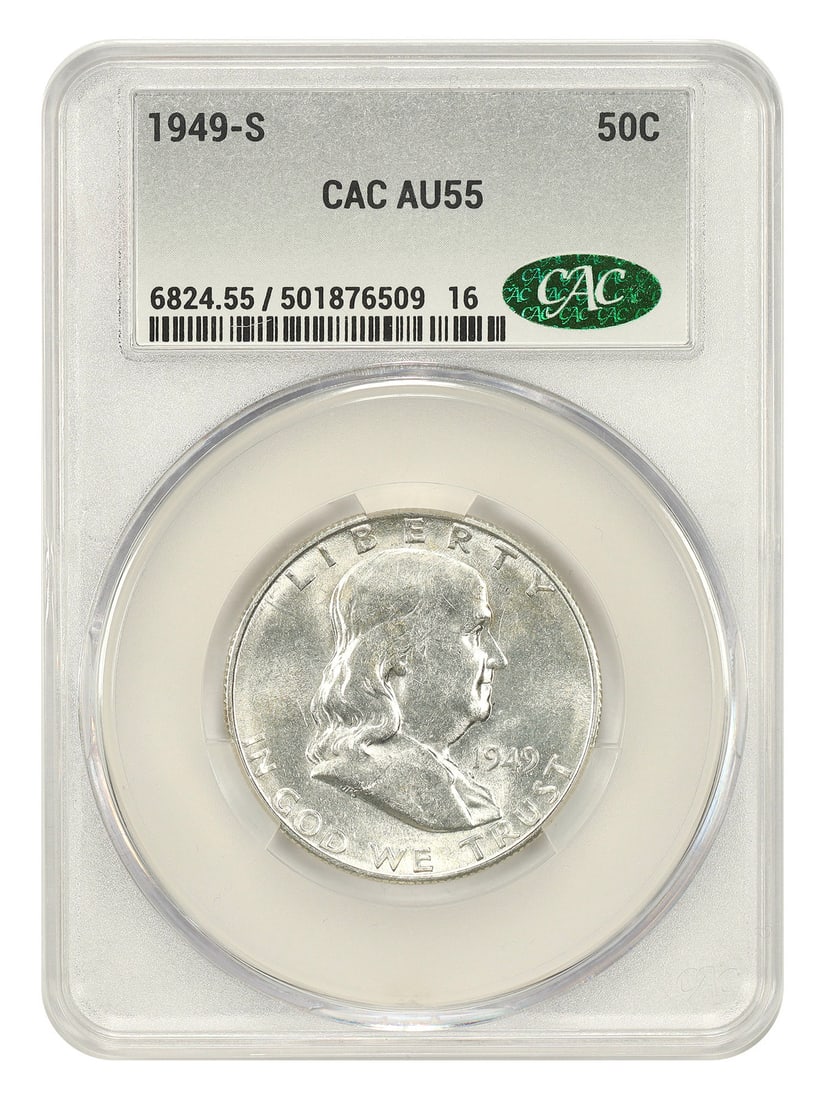 CACG AU55 1949 San Francisco Franklin Half Dollar Key Date 50C: CACG AU55 1949 San Francisco Franklin Half Dollar Key Date 50C This is a 1949-S Franklin Half Dollar graded AU55 by CACG. Recognized as a popular key date in the Franklin Half Dollar series, this circ