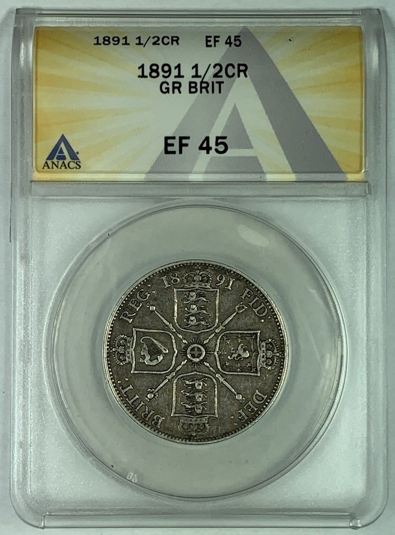 ANACS XF 45 Certified 1891 United Kingdom Half Crown Coin: ANACS XF 45 Certified 1891 United Kingdom Half Crown Coin This 1891 half crown coin from Great Britain has been certified by ANACS with a grade of XF 45, indicating it is in extra fine condition. The 
