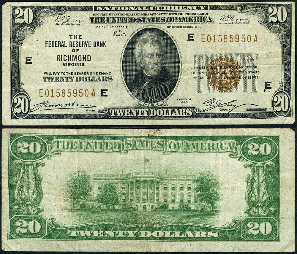 1929 $20 Federal Reserve Note Richmond E-A Block VF Plus: 1929 $20 Federal Reserve Note Richmond E-A Block VF Plus This is a $20 Federal Reserve Bank Note from 1929, designated as FR. 1870 E, originating from the Richmond district. The note is in circulated 