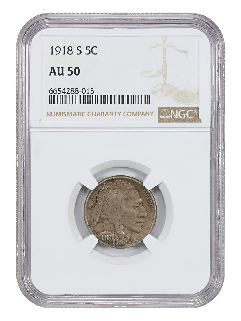 NGC AU50 1918 San Francisco Buffalo Nickel Five Cent Coin: NGC AU50 1918 San Francisco Buffalo Nickel Five Cent Coin This 1918-S Buffalo Nickel is certified by NGC with a grade of AU50. It features bold die cracks on the upper obverse and was struck at the Sa