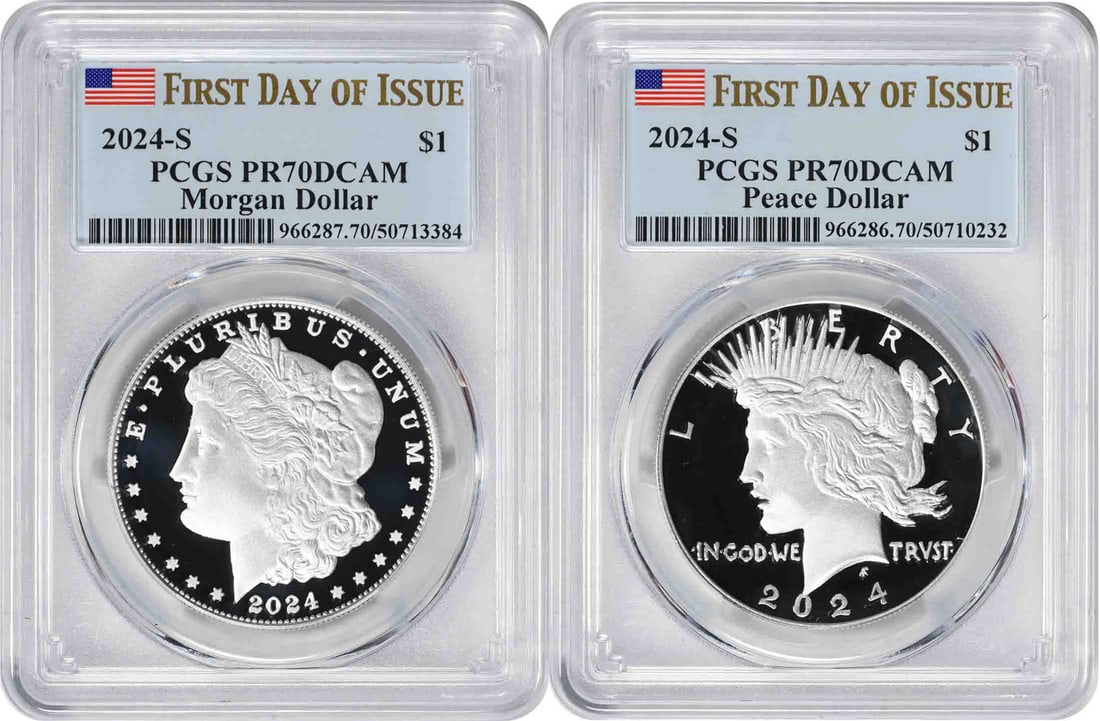 2024-S Morgan Peace Silver Dollar 2-Coin Set PR70DCAM First Day of Issue: 2024-S Morgan Peace Silver Dollar 2-Coin Set PR70DCAM First Day of Issue This exquisite set features the 2024-S Morgan and Peace Silver Dollars, both certified by PCGS with a PR70DCAM grade, marking t