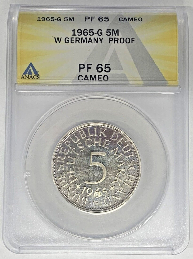 ANACS Certified 1965-G West Germany Proof 5 Mark Coin PR 65 Cameo: ANACS Certified 1965-G West Germany Proof 5 Mark Coin PR 65 Cameo This is a 1965-G Germany 5 Mark proof coin, certified by ANACS with a grade of PR 65 Cameo. The coin originates from Germany and is fr