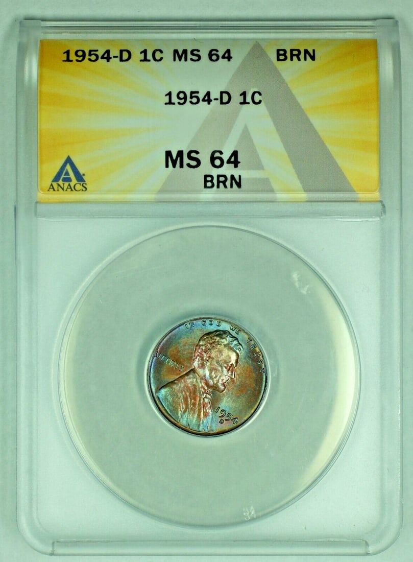 1954-D Lincoln Wheat Cent ANACS MS64 Brown Uncirculated US Coin: 1954-D Lincoln Wheat Cent ANACS MS64 Brown Uncirculated US Coin This is a 1954-D Lincoln Wheat Cent 1C coin from the United States. The coin is uncirculated, features a brown (BN) tone, and has been g