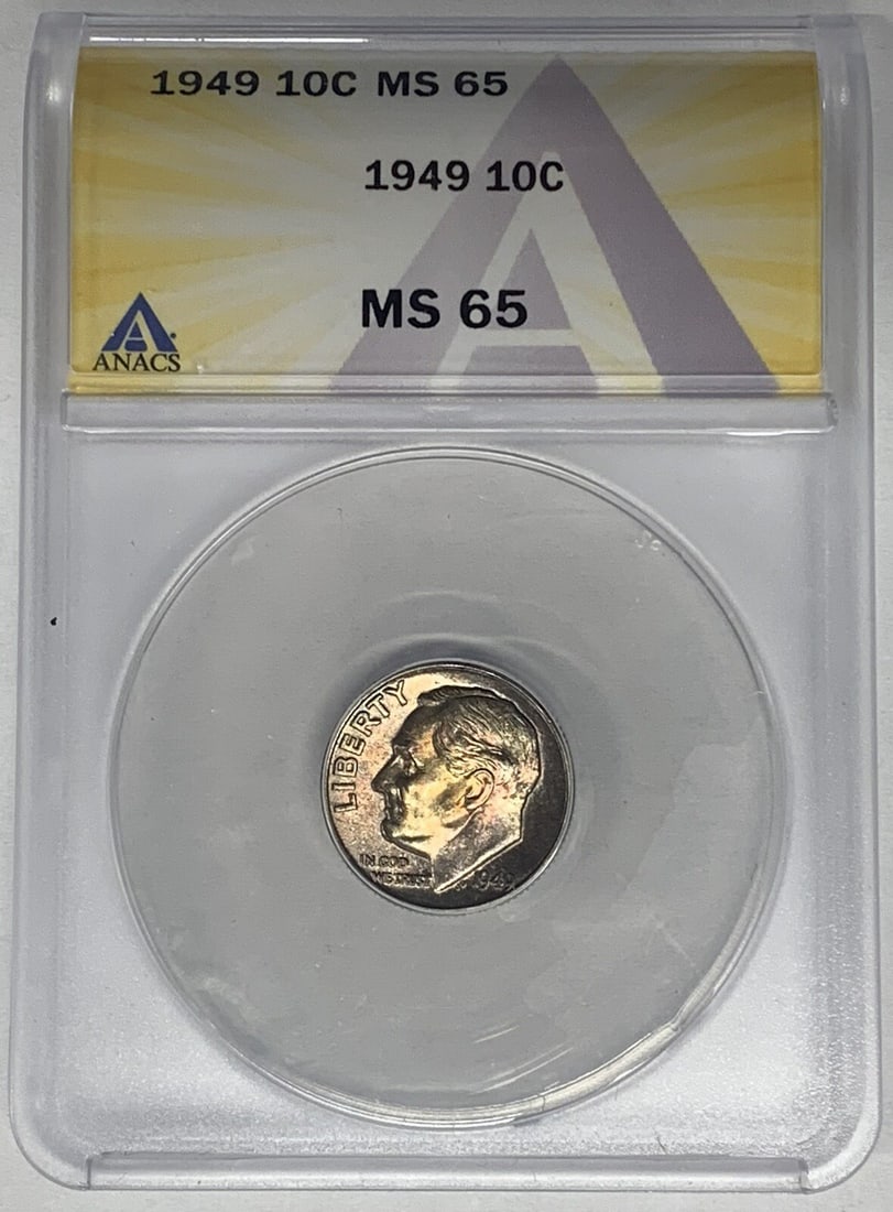 1949 Silver Roosevelt Dime ANACS MS 65 Toned 10C Coin: 1949 Silver Roosevelt Dime ANACS MS 65 Toned 10C Coin This 1949 Roosevelt Dime is a United States 10-cent coin, composed of silver. It has received a grade of MS 65 from ANACS, indicating it is uncirc