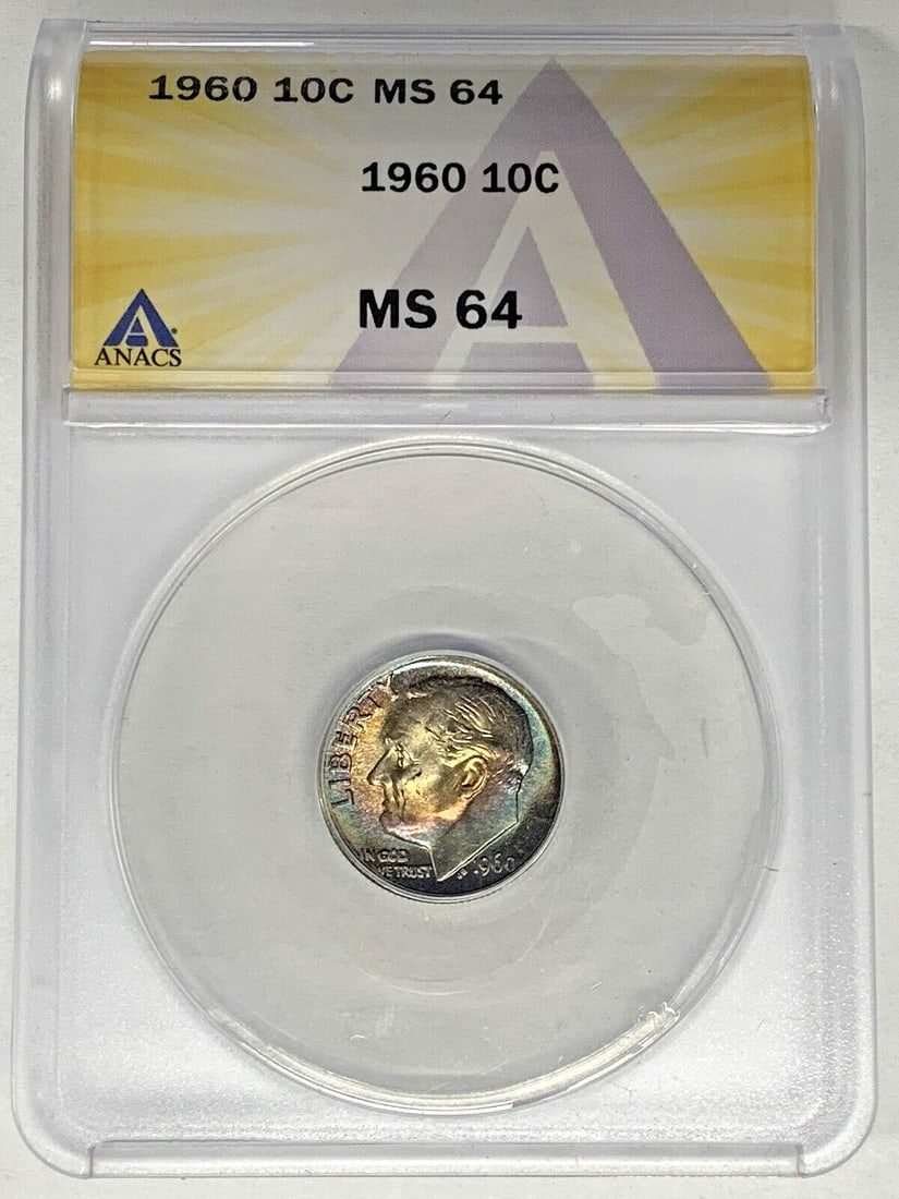 ANACS MS 64 1960 Silver Roosevelt Dime Toned 10 Cent Coin: ANACS MS 64 1960 Silver Roosevelt Dime Toned 10 Cent Coin This 1960 Roosevelt Dime is a 10-cent coin from the United States, composed of silver. It is an uncirculated coin with a toned appearance and 