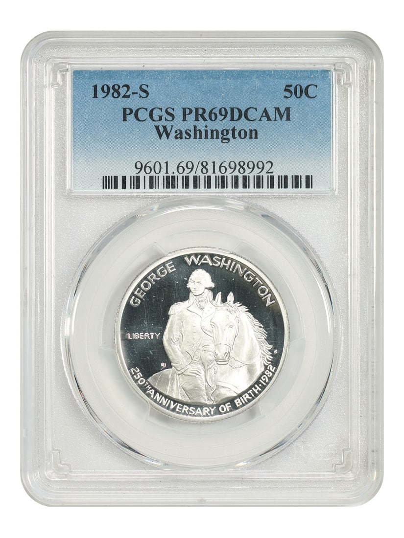 PCGS PR69DCAM 1982-S Washington Half Dollar Silver Commemorative Coin: PCGS PR69DCAM 1982-S Washington Half Dollar Silver Commemorative Coin This 1982-S Washington 50-cent coin is a modern commemorative issue, graded PR69 Deep Cameo by PCGS. Struck at the San Francisco M