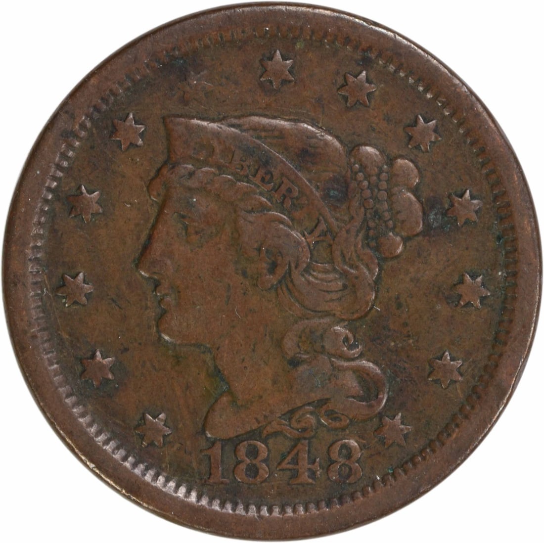 1848 Braided Hair Large Cent VF Uncertified Copper Coin: 1848 Braided Hair Large Cent VF Uncertified Copper Coin This 1848 Large Cent features a design by Christian Gobrecht and was minted in Philadelphia. The coin is in Very Fine (VF) condition and showcas