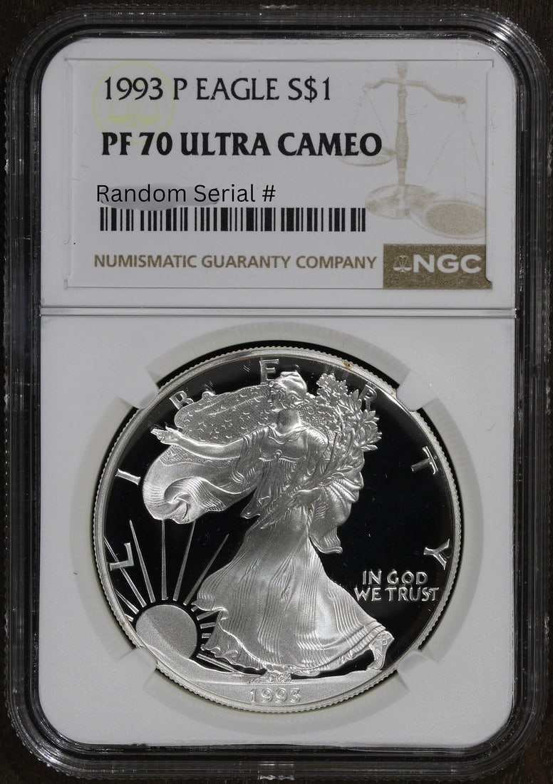 1993 Proof Silver American Eagle Dollar NGC PF70 Certified: 1993 Proof Silver American Eagle Dollar NGC PF70 Certified This 1993-P Proof American Silver Eagle $1 coin is composed of 0.999 fine silver and was minted by the U.S. Mint. Certified by NGC with a gra