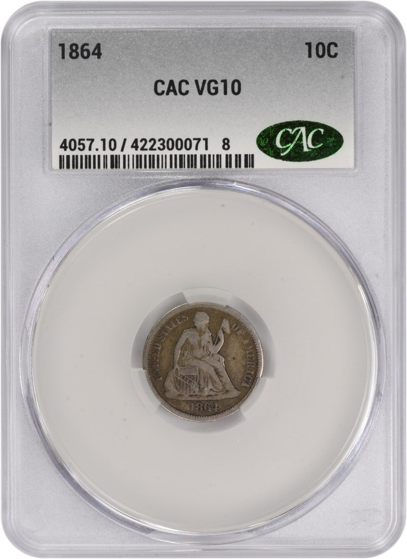 United States 1864 Seated Liberty Dime 10C VG CACG Certified: United States 1864 Seated Liberty Dime 10C VG CACG Certified This 1864 Liberty Seated Silver Dime is graded VG10 by CACG and was minted in San Francisco. The coin features the Seated Liberty design cr