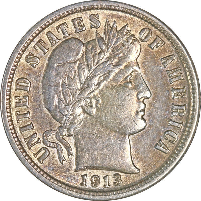 1913 Philadelphia Mint Silver Barber Dime Coin: 1913 Philadelphia Mint Silver Barber Dime Coin This 1913-P Barber Dime is a circulated, pre-owned coin composed of 90% silver. Minted in Philadelphia in 1913, it remains uncertified. Specifications Co