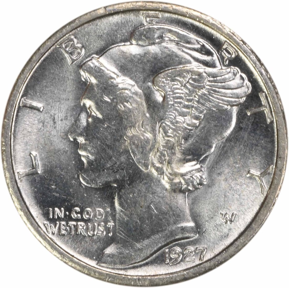 Uncertified 1927 San Francisco Mercury Silver Dime Choice Brilliant Uncirculated: Uncertified 1927 San Francisco Mercury Silver Dime Choice Brilliant Uncirculated This 1927-S Mercury Dime is composed of silver and remains in uncirculated pre-owned condition. It features the San Fra