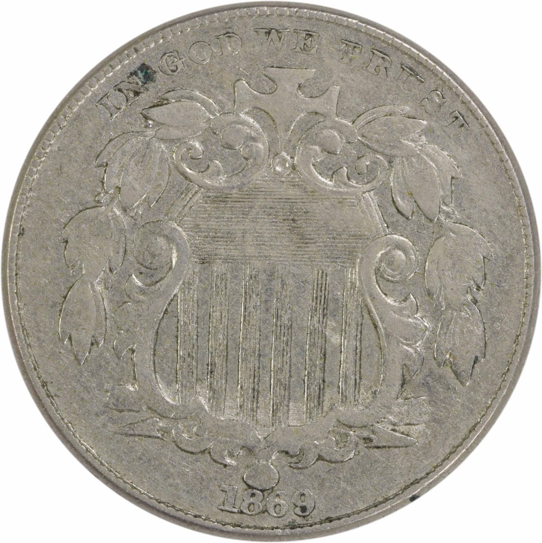 1869 Shield Nickel EF Uncertified 5C Philadelphia: 1869 Shield Nickel EF Uncertified 5C Philadelphia This 1869 Shield Nickel, a notable piece of American numismatic history, features a denomination of 5 cents. Struck in Philadelphia, this coin showcas