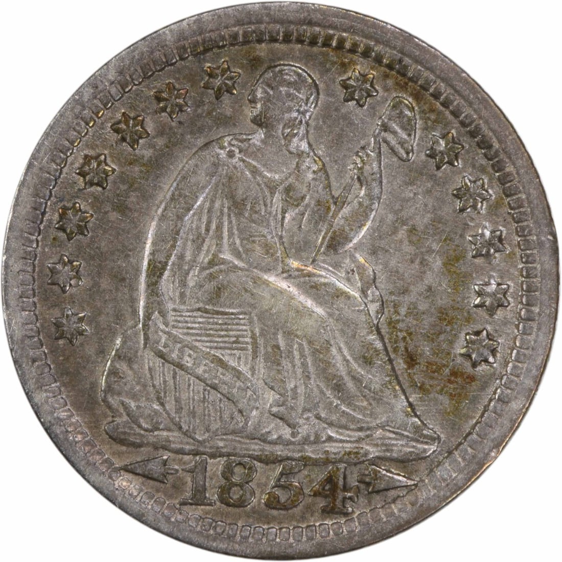 1854 Liberty Seated Silver Half Dime EF Uncertified US Coin: 1854 Liberty Seated Silver Half Dime EF Uncertified US Coin This 1854 Liberty Seated Silver Half Dime is a remarkable piece of American numismatic history. Struck in Philadelphia, this coin features a
