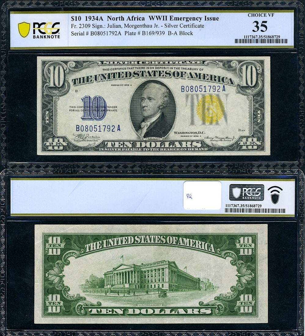 1934-A $10 North Africa Silver Certificate PCGS VF35 B-A Block: 1934-A $10 North Africa Silver Certificate PCGS VF35 B-A Block This is a 1934-A $10 North Africa note from the United States, designated B-A Block. Certified by PCGS as Choice Very Fine 35 (VF35), thi
