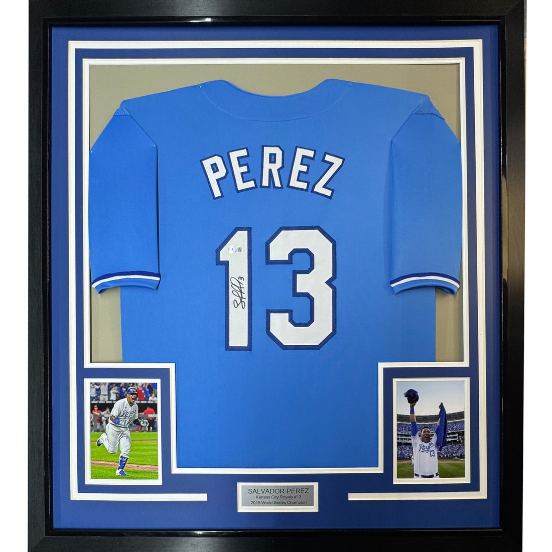Framed Signed Salvador Perez Jersey 33x42 Blue Beckett Authenticated: Framed Signed Salvador Perez Jersey 33x42 Blue Beckett Authenticated Celebrate the legacy of Salvador Perez with this professionally framed and matted autographed blue jersey. This stunning piece meas