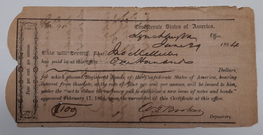 Confederate States $100 Bond Hand Signed 1864 Lynchburg Virginia Certificate (1 of 2)