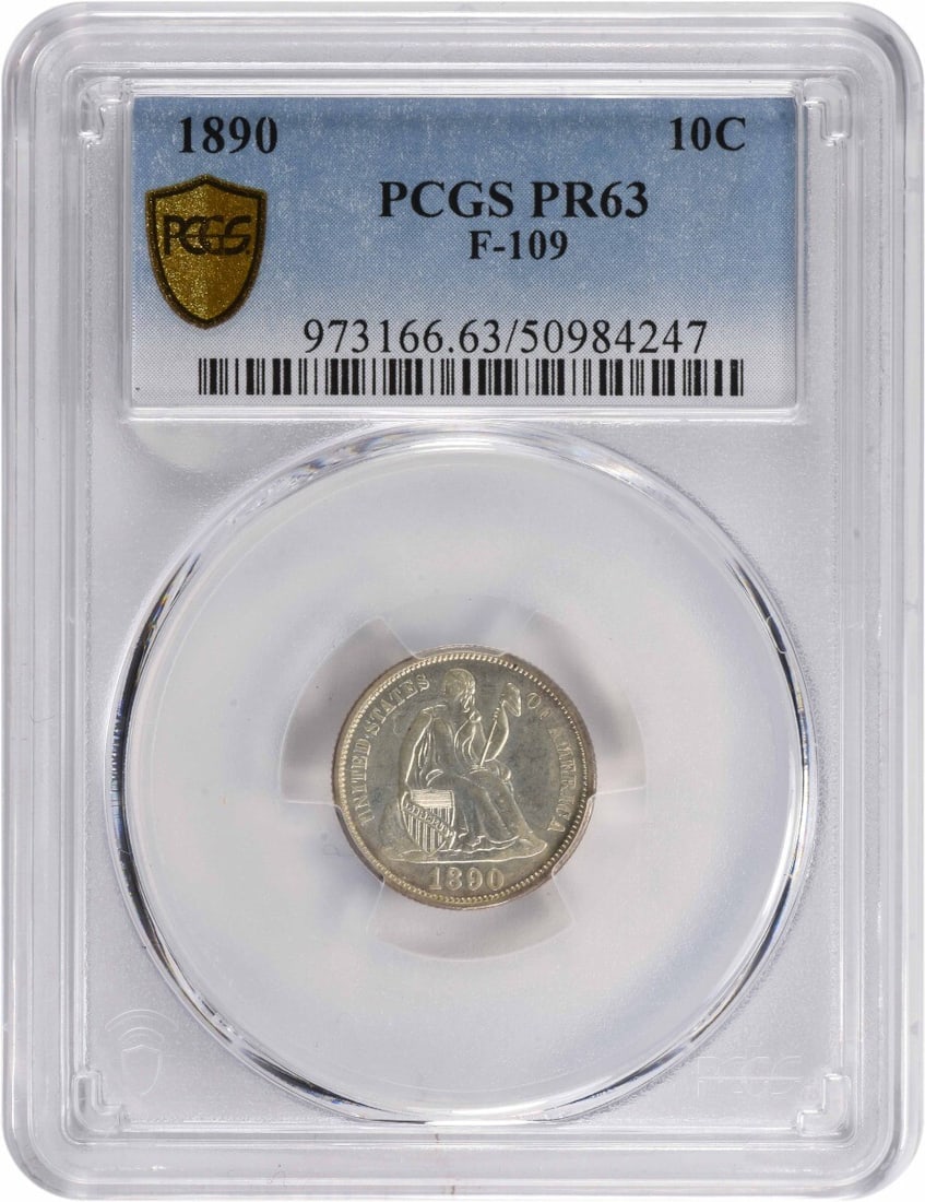 1890 Liberty Seated Silver Dime PCGS PR63 Philadelphia Mint: 1890 Liberty Seated Silver Dime PCGS PR63 Philadelphia Mint This 1890 Liberty Seated Silver Dime is a stunning example of American numismatic history. Graded PR63 by PCGS, this coin features the iconi