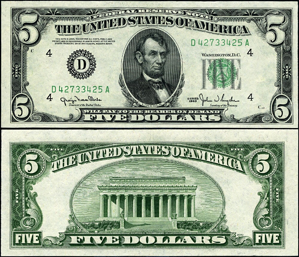 1950 $5 Federal Reserve Note Cleveland D-A Block Gem Uncirculated: 1950 $5 Federal Reserve Note Cleveland D-A Block Gem Uncirculated This is a 1950 Federal Reserve Note, denomination $5, specifically from the Cleveland D-A Block Wide 2 series. The note is in exceptio