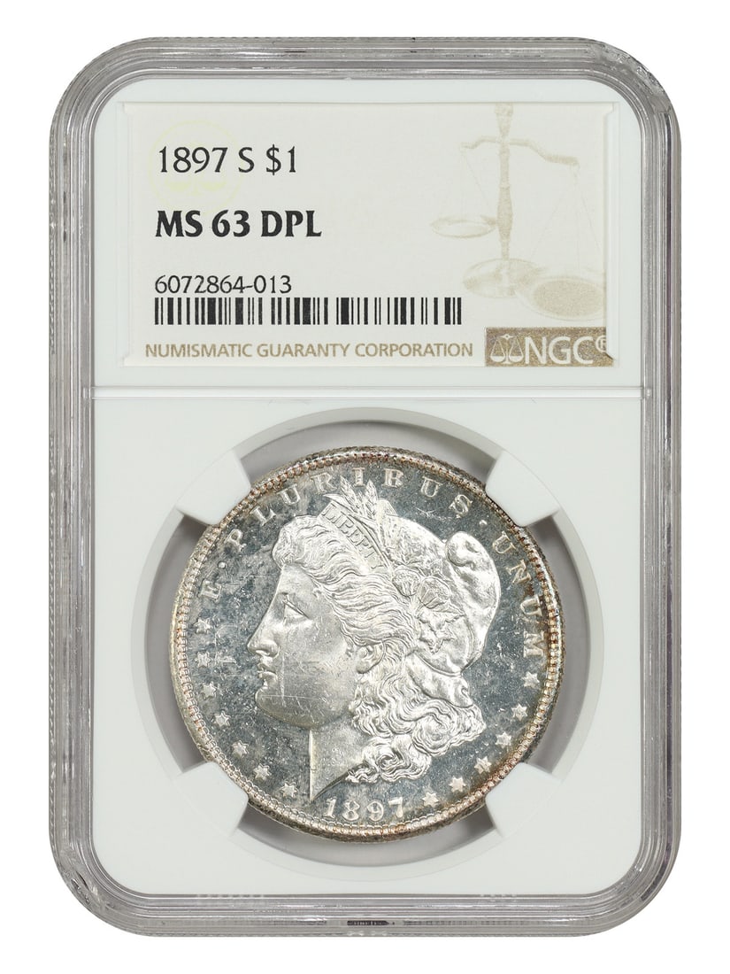 NGC MS63DMPL 1897 San Francisco Morgan Silver Dollar: NGC MS63DMPL 1897 San Francisco Morgan Silver Dollar This is an 1897-S Morgan Dollar graded MS63DMPL by NGC. The coin is uncirculated and features a deep mirror proof-like (DMPL) finish. Minted in San
