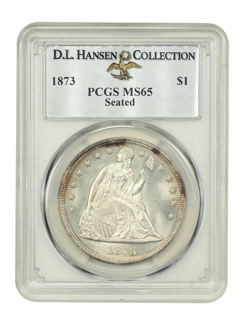 1873 $1 Liberty Seated Dollar PCGS MS65 D.L. Hansen Collection: 1873 $1 Liberty Seated Dollar PCGS MS65 D.L. Hansen Collection This 1873 $1 Seated Liberty Dollar is graded PCGS MS65, making it an uncirculated gem worthy of any serious collection. Struck at the Phi