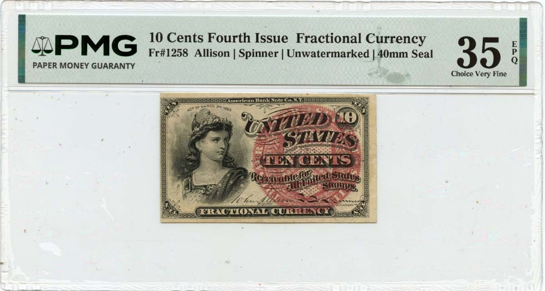 Fourth Issue 10 Cent Fractional Note FR#1258 PMG VF35 EPQ Unwatermarked: Fourth Issue 10 Cent Fractional Note FR#1258 PMG VF35 EPQ Unwatermarked This is a Fourth Issue 10 Cents Fractional Currency note from the United States. The note has been graded VF35 EPQ by PMG and is