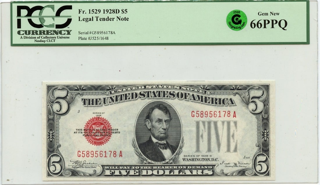 1928D $5 Legal Tender Note PCGS Gem 66 PPQ Certified: 1928D $5 Legal Tender Note PCGS Gem 66 PPQ Certified This is a 1928D $5 Legal Tender Note, certified by PCGS Currency. The note is graded as Gem with a grade of 66 PPQ, indicating it is in uncirculate