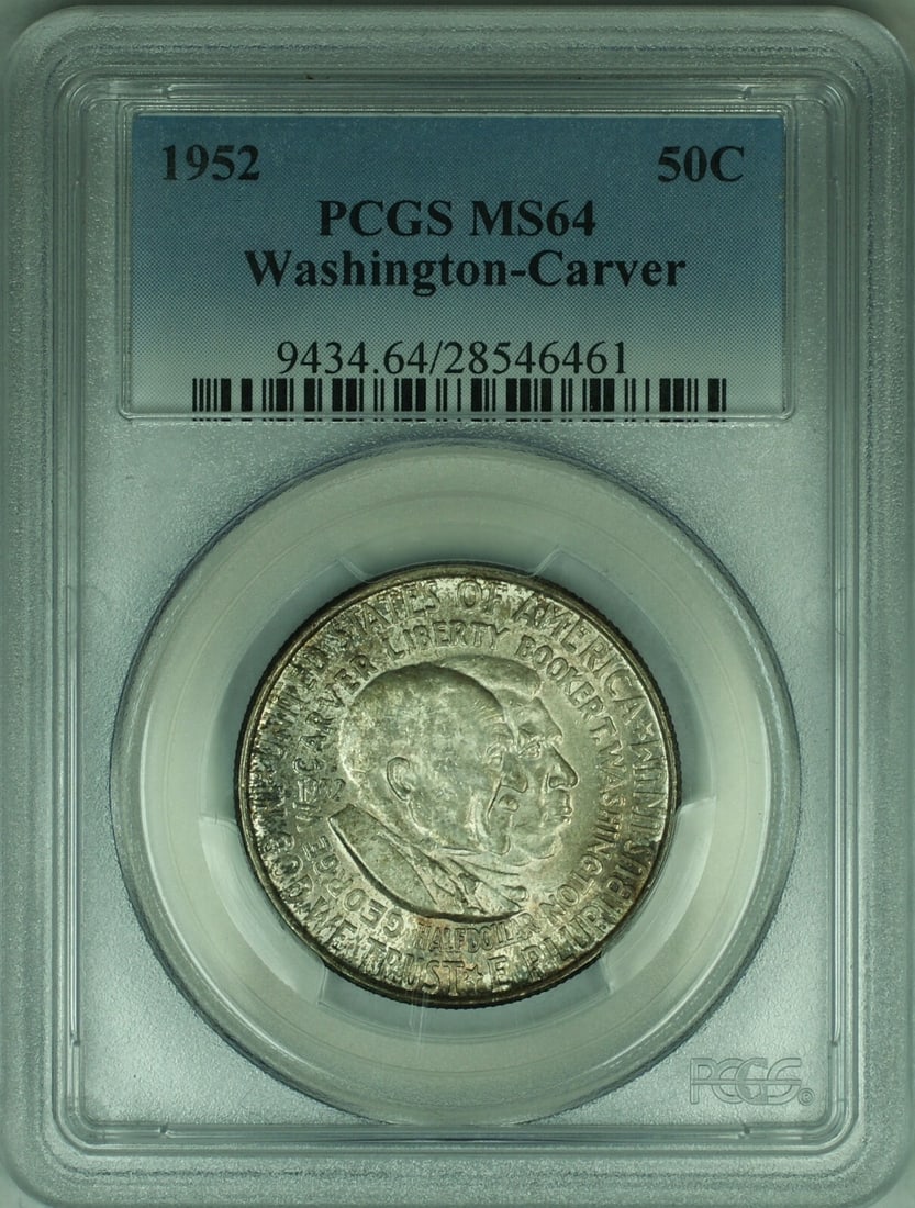 PCGS MS-64 1952 Silver Washington-Carver Half Dollar with Toning: PCGS MS-64 1952 Silver Washington-Carver Half Dollar with Toning This is a 1952 Washington-Carver Silver Half Dollar, commemorative 50-cent coin from the United States. Certified by PCGS and graded MS