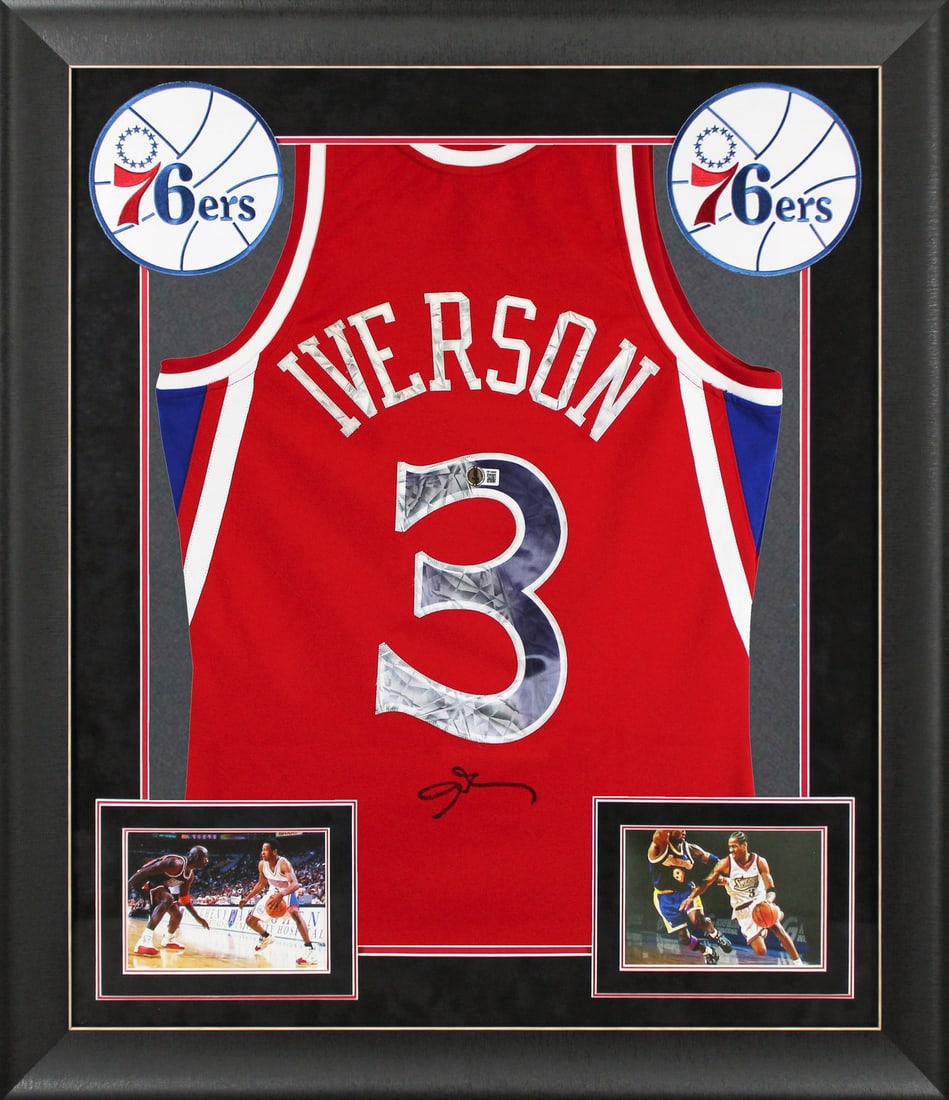 Allen Iverson Signed 76ers Red 75th Anniversary Framed Jersey BAS: Allen Iverson Signed 76ers Red 75th Anniversary Framed Jersey BAS This original autographed red 75th Anniversary Mitchell & Ness 1996-97 Hardwood Classics Swingman jersey features the legendary Allen 